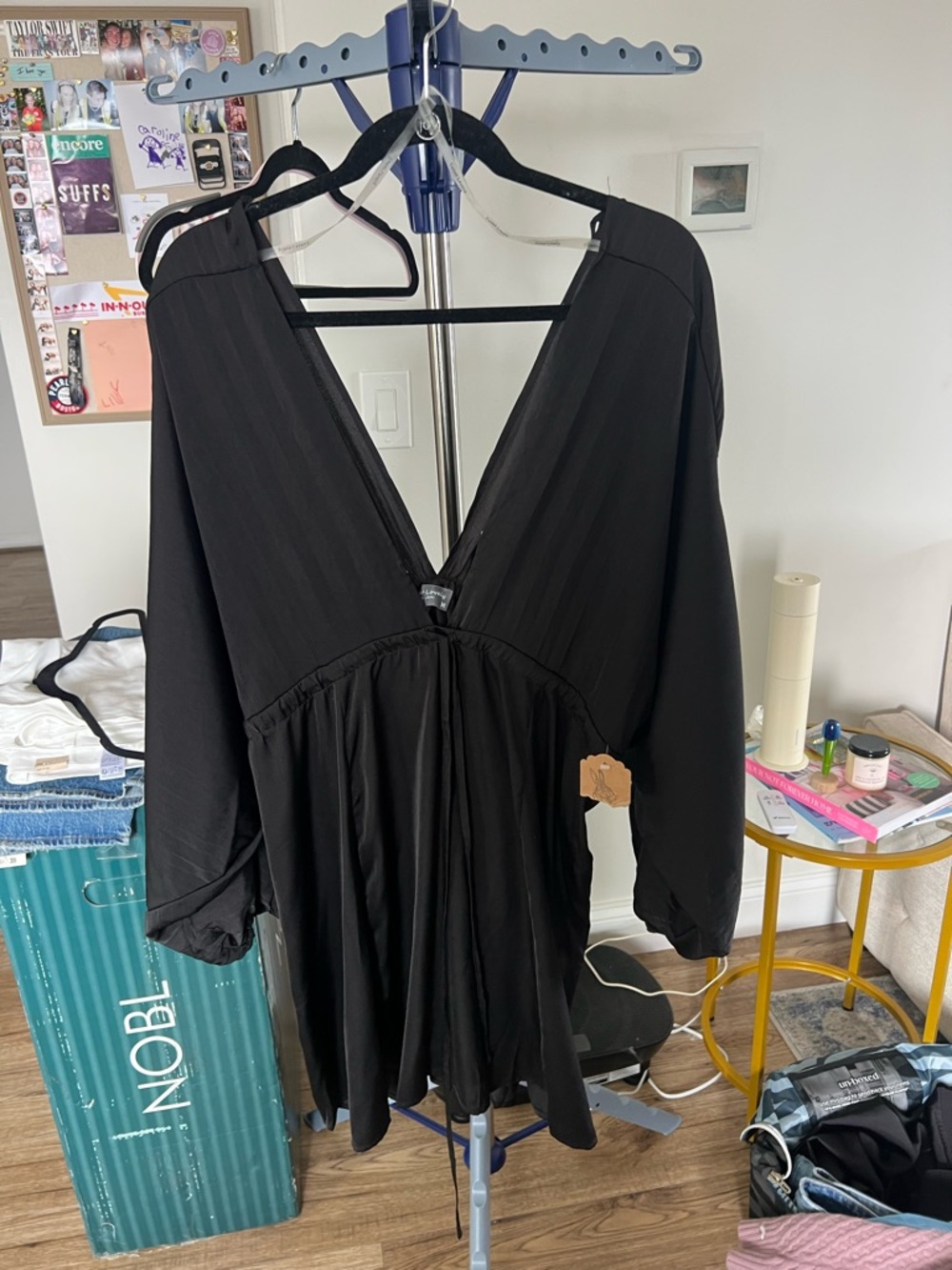 Black V-Neck Mini Dress - Lightweight Long Sleeve